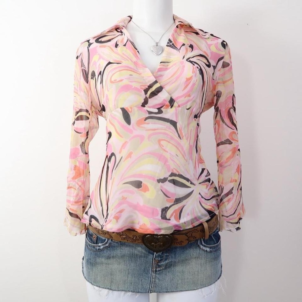 y2k 100 silk wrap top abstract print blouse designer chic size S